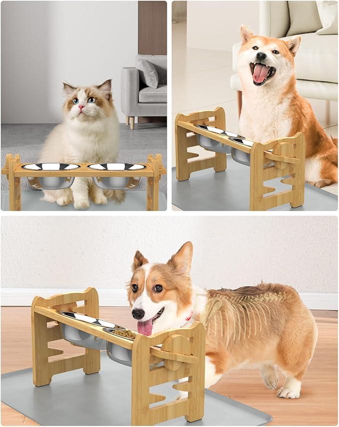 Jovrun Elevated Dog Bowls, Adjustable Raised Dog Bowl Stand for Small Size Dogs and Cats, Durable Bamboo Dogs Feeder with 2 Stainless Steel Bowls and Non-Slip Feet, Pet Food Bowl with Mat
