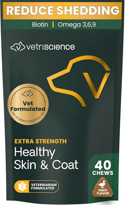 VetriScience Extra Strength Healthy Skin & Coat Chews, Omega Plus Supplement for Dogs, with Balanced Omega 3, 6, 9, Fish Oil and Biotin, Skin Health, Coat Growth and Shine, Duck, 40 Count