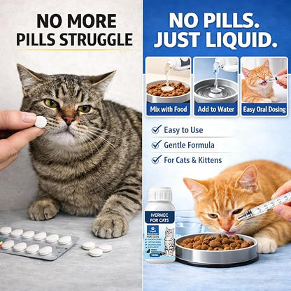 lvermect Dewormer Liquid for Cats, Cat Dewormer, Digestive Cleanser Treatment, Broad Spectrum for All Wormer, Round Worms, Pin Worms, Hookworms, Lung Worms, Cats Internal Balance Support