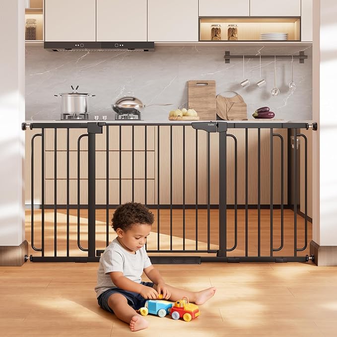 Cumbor Extra Wide Baby & Pet Gate Set, 29.7-48" & 36.6-64" Gates with Dual-Lock, Auto-Close, One-Hand Operation for Stairs, Hallways & Doorways