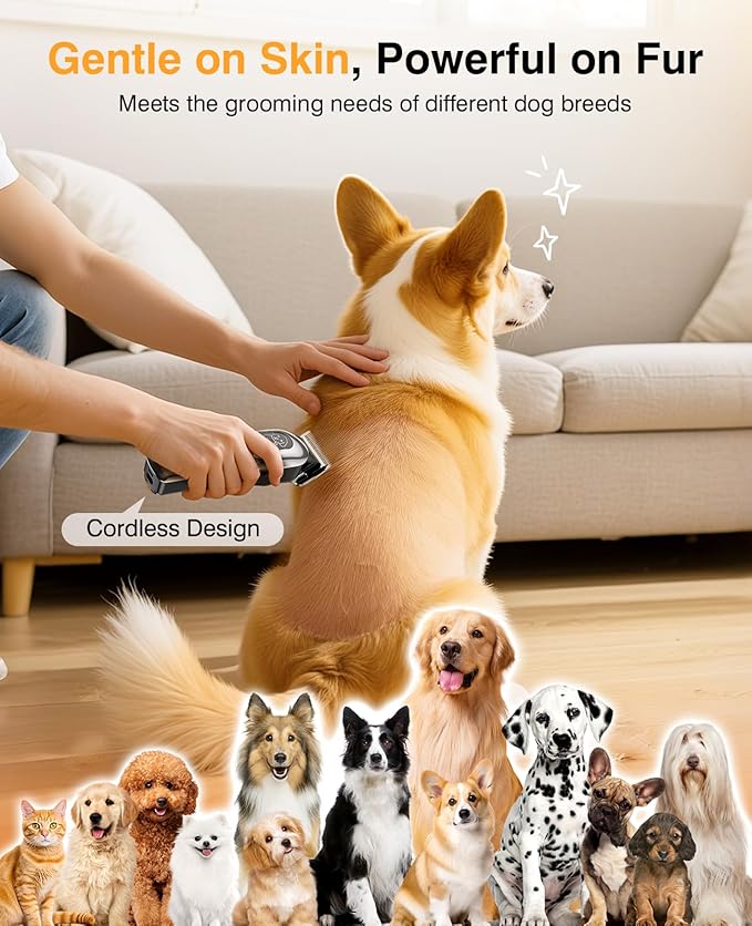 Dog Clippers for Grooming, Dog Grooming Kit for Heavy Thick Hair, Low Noise Cordless Pet Hair Trimmer with Stainless Steel Blade, Professional Rechargeable Hair Trimmer for Dogs and Cats M-Silver