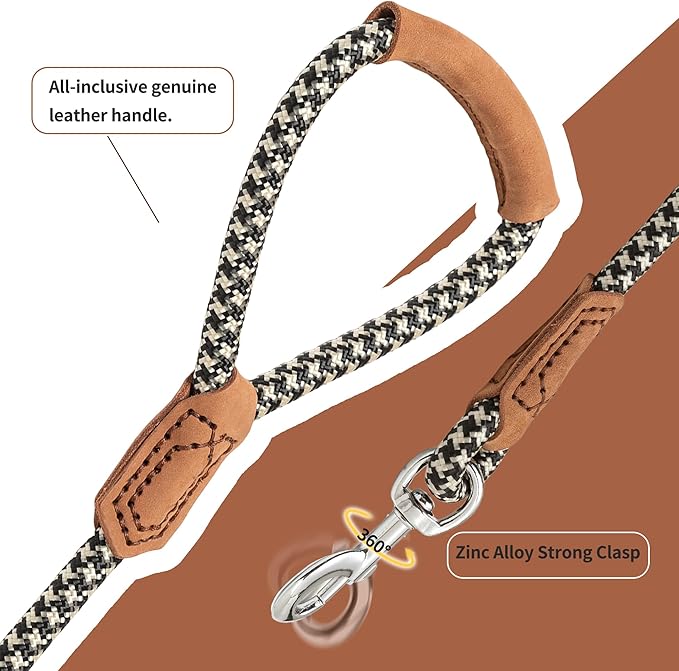 Mile High Life | Premium Leather Handle Dog Leash | Strong Rope Leash | Zinc Alloy Strong Clasp | Small Medium Large Dogs | 4/5/6 Feet(Black Khaki, 48 Inch (Pack of 1))
