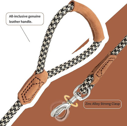Mile High Life | Premium Leather Handle Dog Leash | Strong Rope Leash | Zinc Alloy Strong Clasp | Small Medium Large Dogs | 4/5/6 Feet(Black Khaki, 48 Inch (Pack of 1))