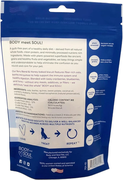 Body and Soul Berry Blend + Honey Crunchy Premium Health Training Dog Treats Superfood Oven Baked Biscuits Oats, Barley & Quinoa – Clean Natural Plant Protein, No Additives No Fillers Made in USA 10oz