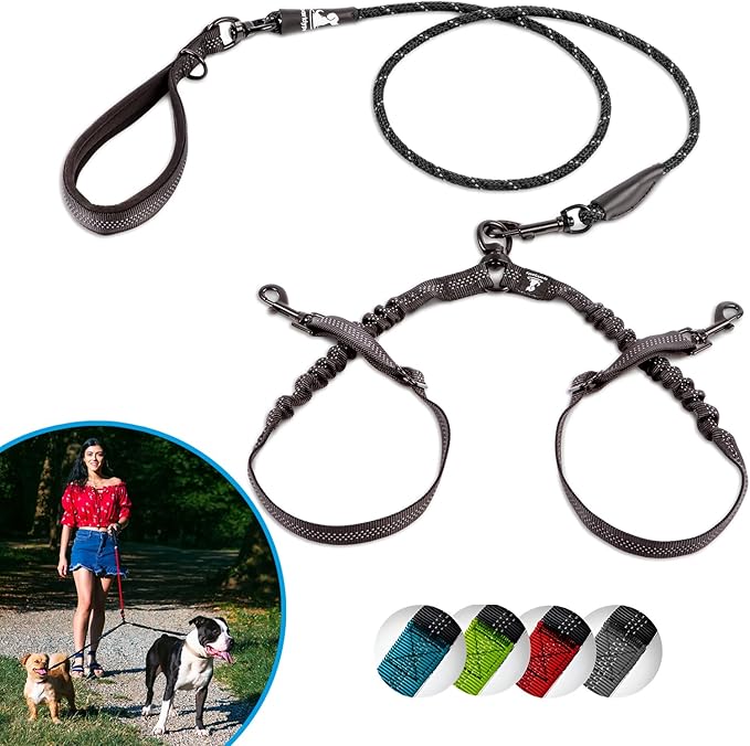 SparklyPets - Double Dog Bungee Rope Leash for 2 Small Dogs - Dual Dog Lead for Small Breeds - Soft Handles, No Tangle, Adjustable Couplers - Flow Leash, 2 Dogs Walking Accessory