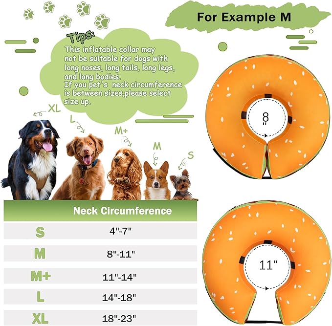 Inflatable Dog Cone Collar for Large Medium Small Dogs, Soft Adjustable Recovery Cone Collar for Dogs Cats,Dog Neck Donut Cone Alternative After Surgery(Hamburger,Small
