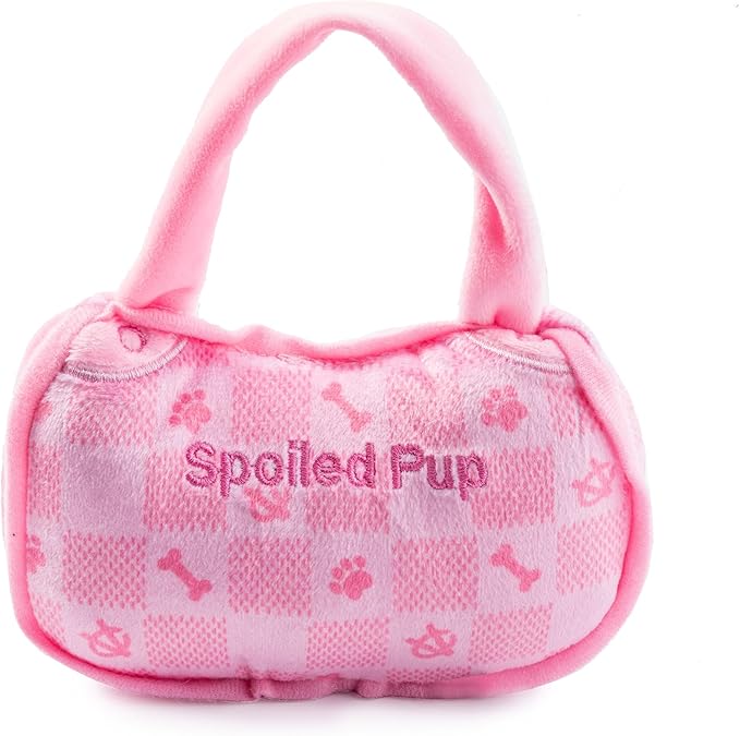 Haute Diggity Dog Chewy Vuiton Handbag Plush Squeaky Dog Toy, Soft Durable Designer-Inspired Stuffed Puppy Chew Toys for Small & Medium Dogs, Machine-Washable (Pink Checker) Large