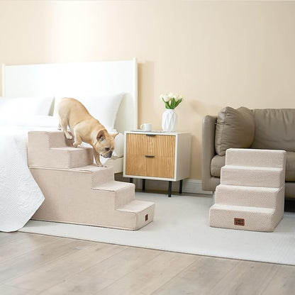 EHEYCIGA Dog Stairs for High Bed 22.5" H, 5-Step Dog Steps for Bed, Pet Steps for Small Dogs and Cats, Non-Slip Balanced Pet Ramp Indoor, Beige