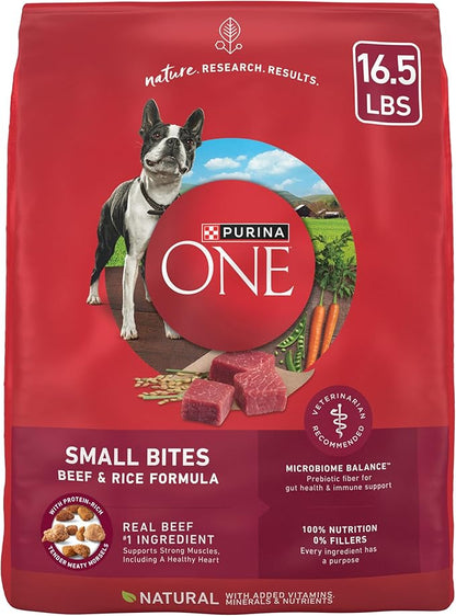 Purina ONE Small Bites Beef and Rice Formula Small High Protein Dry Dog Food Natural With Added Vitamins, Minerals and Nutrients - 16.5 lb. Bag