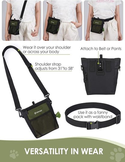 Gobeigo Dog Treat Pouch, Magnetic Closure & Sealable Silicone Bag Insert, 4-Cup Capacity – Belt Clip/Waist Belt/Crossbody Wear, Clicker Included – Great for Pet Training & Walking (Army Green)