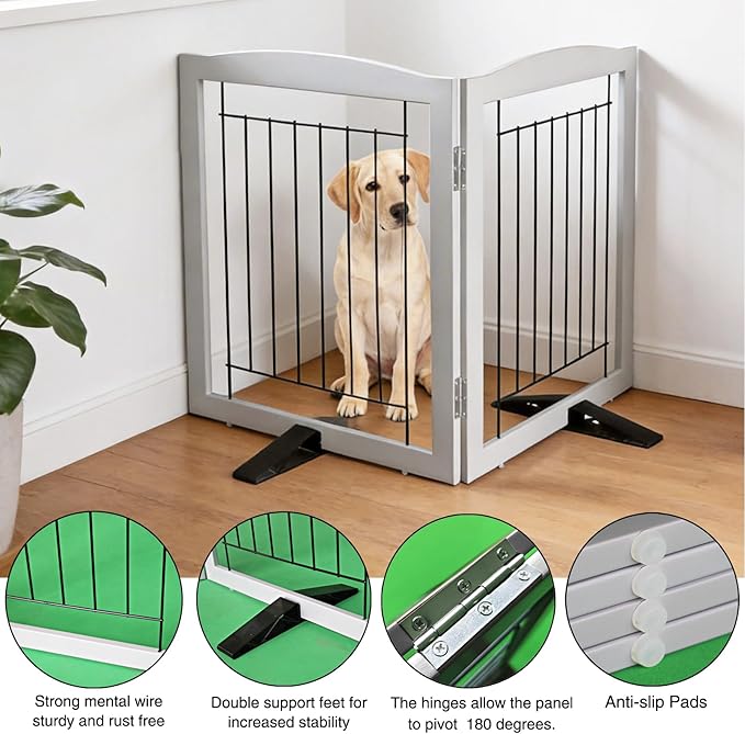 ZJSF Freestanding Dog Fence Indoor, Foldable Dog Gate for Doorways, Stairs or Hallways, Sturdy Wood Extra Wide Pet Gate with Support Feet for The House, Grey, 24 "Height-2 Panels