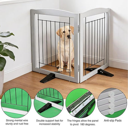 ZJSF Freestanding Dog Fence Indoor, Foldable Dog Gate for Doorways, Stairs or Hallways, Sturdy Wood Extra Wide Pet Gate with Support Feet for The House, Grey, 24 "Height-2 Panels