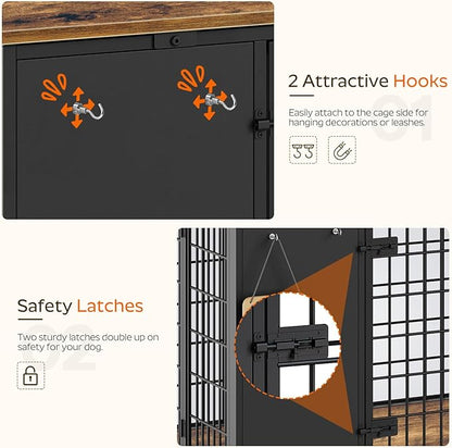 YATINEY Foldable Dog Crate Furniture, Dog Crate with DIY Frame, Heavy Duty Dog Kennel Indoor with Hooks, Wooden Dog Cage End Table, for Small/Medium Dogs, Rustic Brown and Black DC95BR