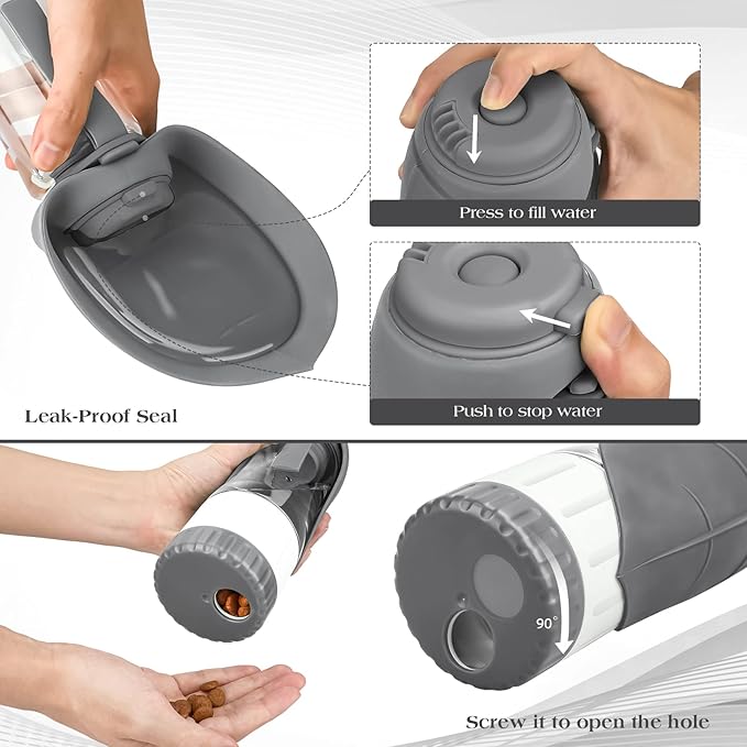 TIOVERY Upgraded Dog Water Bottle, Portable Dog Cat Puppy Pet Water Dispenser Feeder with Drinking Cup and Food Container Leak Proof for Outdoor Walking, Travel, Hiking 12OZ Grey