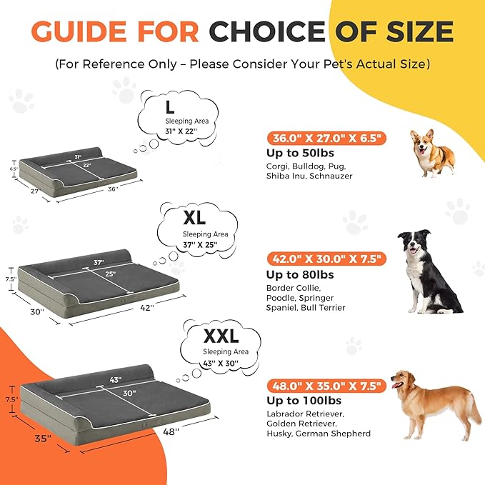 Dog Bed Large Sized Dogs, Orthopedic Dog Bed for Large Dogs, Waterproof Pet Bed with Washable Removable Cover, L-Shaped Pet Couch with Portable Handle 36"x27"x6.5", Olive Green