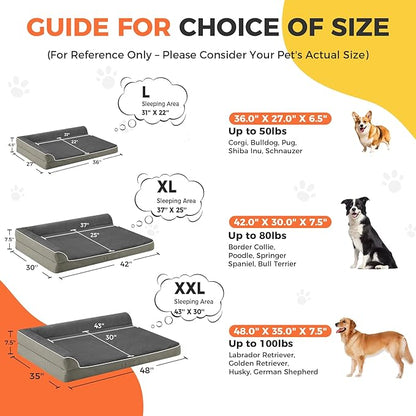 Dog Bed Large Sized Dogs, Orthopedic Dog Bed for Large Dogs, Waterproof Pet Bed with Washable Removable Cover, L-Shaped Pet Couch with Portable Handle 36"x27"x6.5", Olive Green