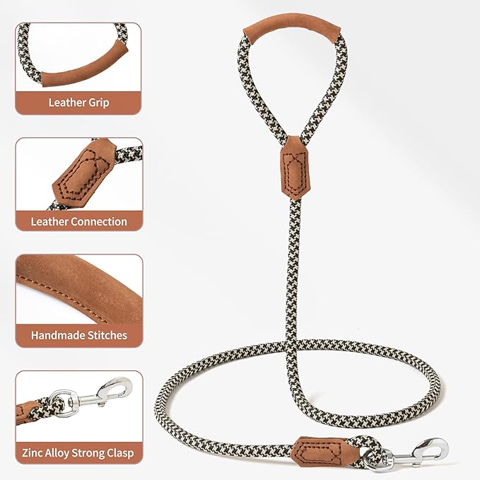 Mile High Life | Premium Leather Handle Dog Leash | Strong Rope Leash | Zinc Alloy Strong Clasp | Small Medium Large Dogs | 4/5/6 Feet(Black Khaki, 48 Inch (Pack of 1))