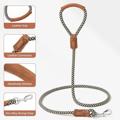 Mile High Life | Premium Leather Handle Dog Leash | Strong Rope Leash | Zinc Alloy Strong Clasp | Small Medium Large Dogs | 4/5/6 Feet(Black Khaki, 60 Inch (Pack of 1))
