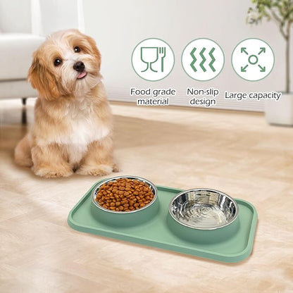 BNOSDM Double Dog Food Bowls Stainless Steel Dog Food and Water Bowls with Non-Spill Plastic Mat Pet Cat Feeder Bowl Set for Puppy Cats Kitten Small Medium Dogs Green