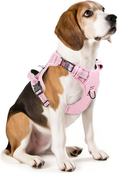 Timos Dog Harness Medium Sized, No Pull Pet Harness with Neck Lockable Snap,No Choke Front Clip Dog Reflective Vest,Adjustable Metal Rings 3 Buckles,Easy Control Handle for Medium Dogs Pink M