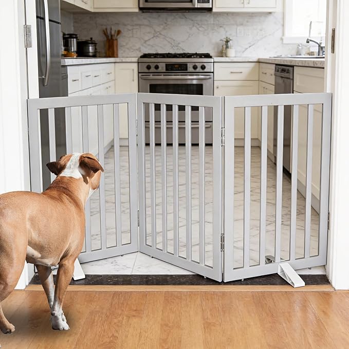 ZJSF Freestanding Indoor Dog Gate for House Foldable Wood Puppy Gate for Doorways Pet Gate for Stairs Extra Wide Pet Fence, Grey, 32" Height 3 Panels
