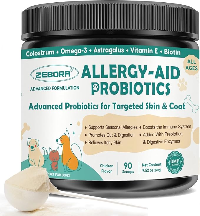 ZEBORA Probiotics for Dogs, with Colostrum and Omega-3, New Option for Dog Allergy, Supports Digestive Health, Seasonal Allergies, Itchy Ears & Itching Skin, 90 Scoops, Chicken Flavor