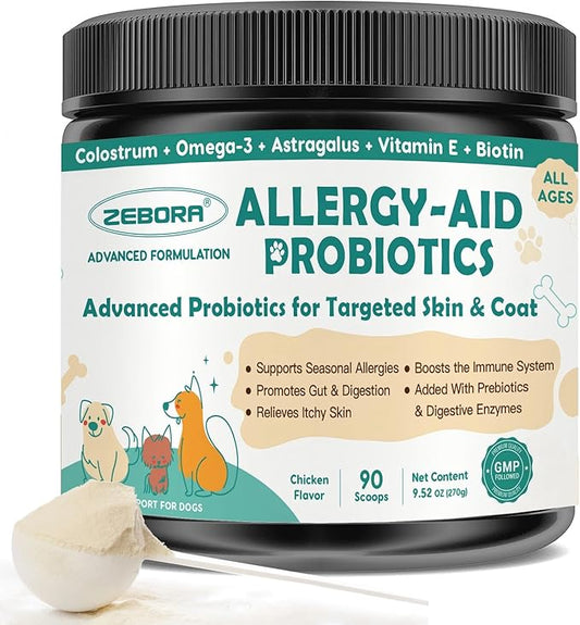 ZEBORA Probiotics for Dogs, with Colostrum and Omega-3, New Option for Dog Allergy, Supports Digestive Health, Seasonal Allergies, Itchy Ears & Itching Skin, 90 Scoops, Chicken Flavor