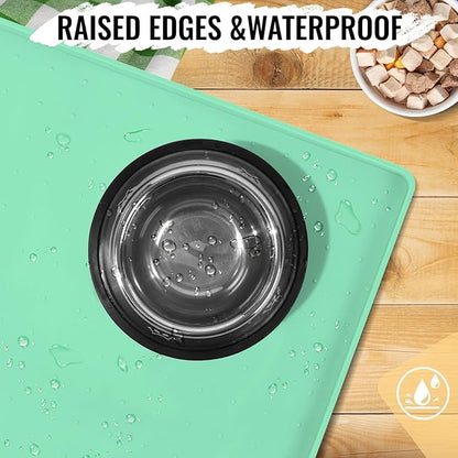 MateeyLife Dog & Cat Food Water Mat for Floors Waterproof, Nonslip Pets Bowl Feeding Mats with Raised Edges, Silicone Matt Tray for Messy Drinkers, 18"x12",MintGreen