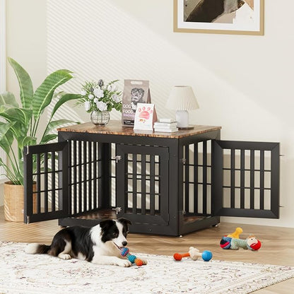 Snuowu 38" Heavy Duty Dog Crate Furniture for Small,Medium and Large Dogs,Rustic Wooden Dog Cage Kennel Indoor Furniture with Waterproof Top,Decorative Pet House Side End Table (Black & Wood)