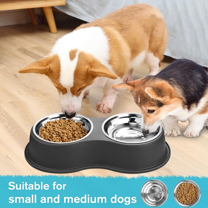 Epetslove Dog Bowls Double Dog Water and Food Bowl Stainless Steel Bowl with Non-Slip Resin Station, Pet Feeder Bowls for Puppy Medium Dogs Cats