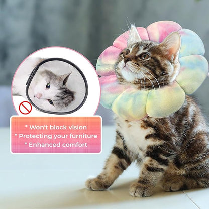 Flower Cat Cone, Uadonile Adjustable Cat Cone Collar, Soft Dog Elizabethan Collar Recovery E Collar After Surgery, Recovery E-Collar for Kittens/Puppies and Cats Recovery(Tie-dye Pink Blue, S)