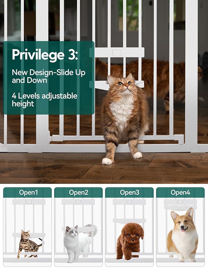 Babelio 36 Inch Extra Tall Baby Gate with Cat Door, 29-48" Metal Pet Door for Stairs, Doorways, Auto Close, Easy Walk Thru, White