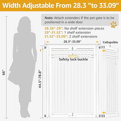 78.8" Extra Tall Cat Gate, 28.3-33" Wide Dog Door, Pressure Mounted Easy Walk Through Safety Metal Pet Gate for Doorway, No Drilling Cat Proof Gate (White)