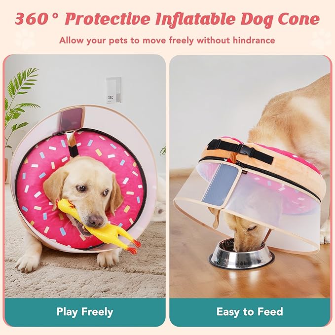Inflatable Dog Cone with Anti-Licking Clear Shield, Protective Dog Donut Collar After Surgery, Adjustable Soft Recovery Cone for Pets, Alternative Collar with Buckle Strap (Pink, M+)