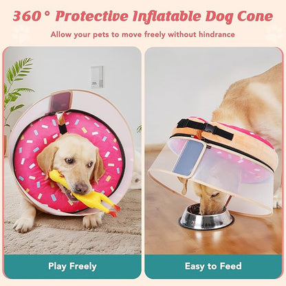 Inflatable Dog Cone with Anti-Licking Clear Shield, Protective Dog Donut Collar After Surgery, Adjustable Soft Recovery Cone for Pets, Alternative Collar with Buckle Strap (Pink, M+)