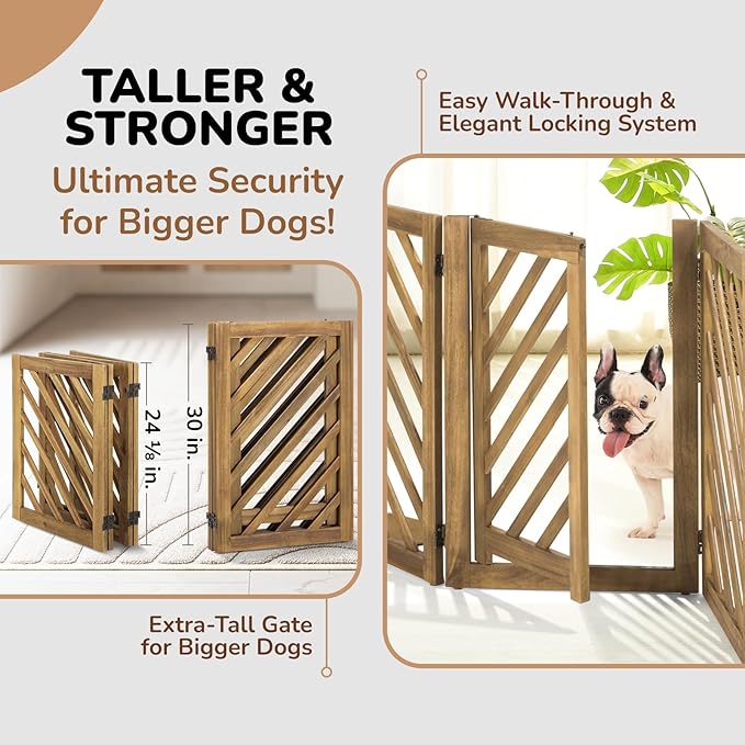 dCee Solid Acacia Wood Dog Gate, Freestanding Walk-Through Pet Gate, 81" 4-Panel Foldable Wooden Dog Gates with Door & 2 Support Legs for Doorways, Kitchen, Hall, Stairs, Indoor & Outdoor