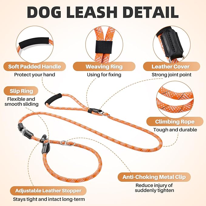 SlowTon Slip Lead for Dogs - Hands Free No Tangle Adjustable 4-6 FT 1/2” Rope, Heavy Duty Nylon Leash for Large Medium Dogs that Pull, No Pull Training Slip Leashes, 20-120lb, Orange