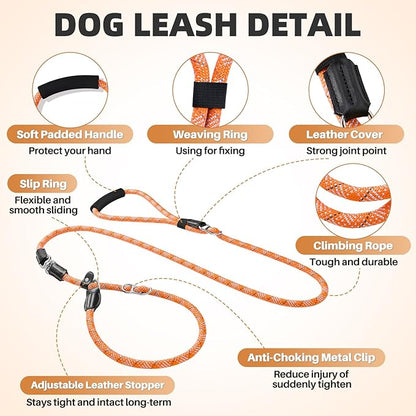 SlowTon Slip Lead for Dogs - Hands Free No Tangle Adjustable 4-6 FT 1/2” Rope, Heavy Duty Nylon Leash for Large Medium Dogs that Pull, No Pull Training Slip Leashes, 20-120lb, Orange
