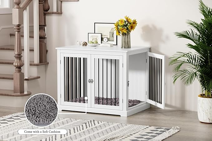 PUPETPO Dog Crate Furniture with Cushion, Dog Crate End Table Large, Indoor Dog Kennel, Dog House, Dog Cages for Large Dogs, Furniture Style Dog Crate with Flip-top, Chew-Proof Metal Bars, White
