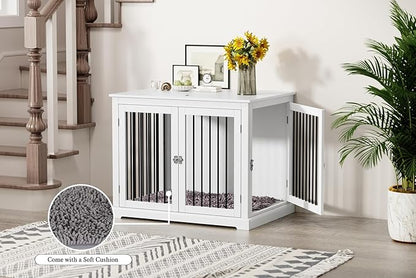 PUPETPO Dog Crate Furniture with Cushion, Dog Crate End Table Large, Indoor Dog Kennel, Dog House, Dog Cages for Large Dogs, Furniture Style Dog Crate with Flip-top, Chew-Proof Metal Bars, White