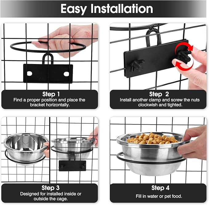 Dog Crate Bowls Hanging No Spill, 2 Pack 47oz & 56oz Crate Water Bowl Stainless Steel Kennel Food Bowl Water Dispenser Set Mountable Cage Accessories Metal Feeder Dish Coop Cup for Large & Medium Pet