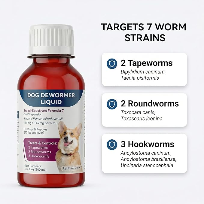 Liquid Dog Dewormer for Dogs & Puppies, Formula 7 Pyrantel Pamoate and Praziquantel, Removes Tapeworm, Roundworm & Hookworm, Broad Spectrum with 3ml Dosing Syringe (100ml)