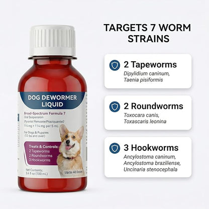 Liquid Dog Dewormer for Dogs & Puppies, Formula 7 Pyrantel Pamoate and Praziquantel, Removes Tapeworm, Roundworm & Hookworm, Broad Spectrum with 3ml Dosing Syringe (100ml)