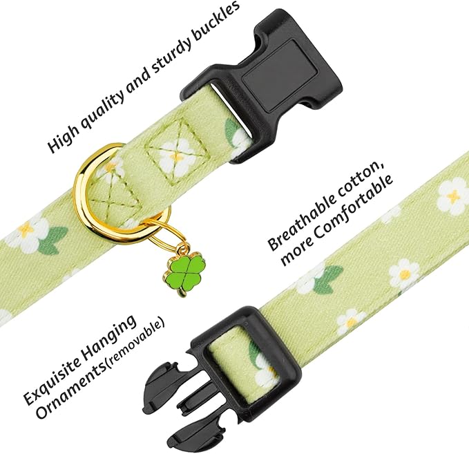 Cotton Handmade Dog Collar Cute and Distinctive Patterns Green Flower with Pendant for Girl Boy Dogs Collars L