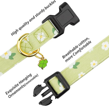 Cotton Handmade Dog Collar Cute and Distinctive Patterns Green Flower with Pendant for Girl Boy Dogs Collars L