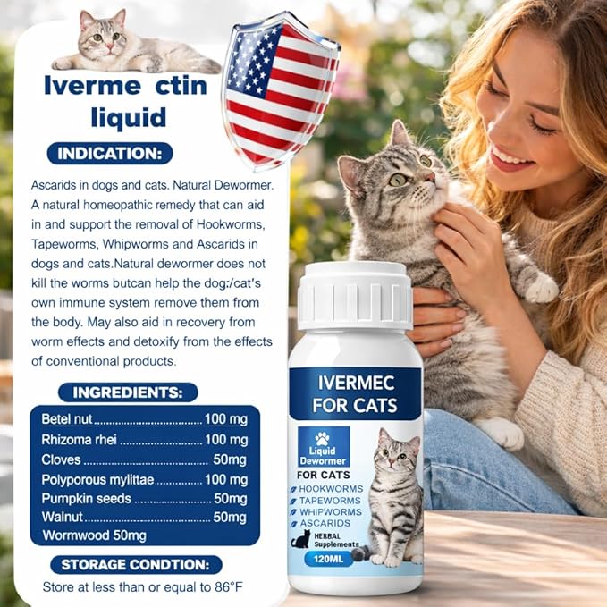lvermect Dewormer Liquid for Cats, Cat Dewormer, Digestive Cleanser Treatment, Broad Spectrum for All Wormer, Round Worms, Pin Worms, Hookworms, Lung Worms, Cats Internal Balance Support