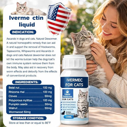 lvermect Dewormer Liquid for Cats, Cat Dewormer, Digestive Cleanser Treatment, Broad Spectrum for All Wormer, Round Worms, Pin Worms, Hookworms, Lung Worms, Cats Internal Balance Support