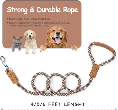 Mile High Life | Premium Leather Dog Leash | Strong Rope Leash | Leather Handle | Zinc Alloy Strong Clasp | Small Medium Large Dogs | 4/5/6 Feet(Brown, 72 Inch (Pack of 1))