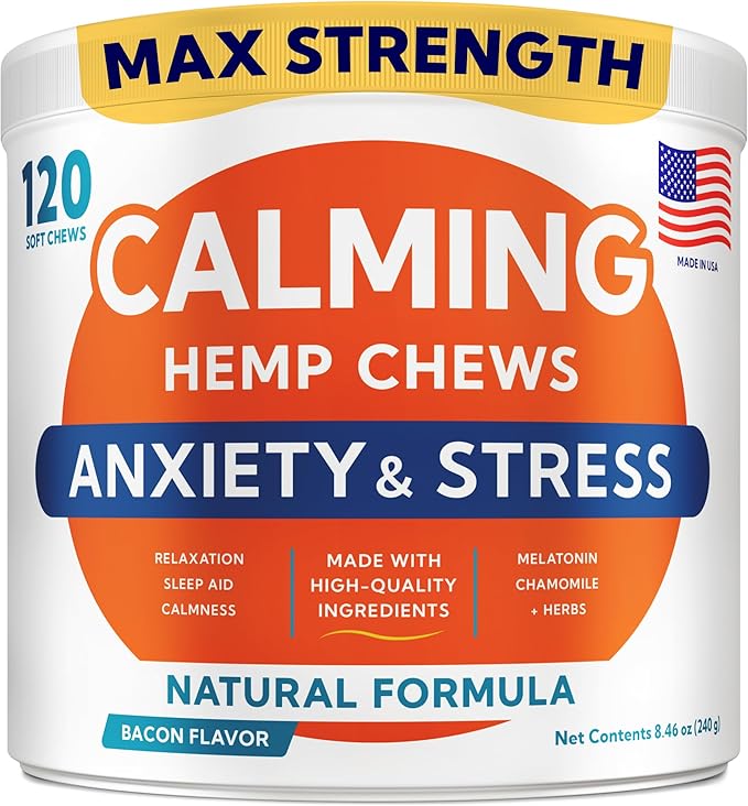 Advanced Calming Chews for Dogs - Hemp Treat + Melatonin + Valerian - Relaxing Bites - Calming Care - Anti-Anxiety & Stress Relief - Made in USA - Calm, Sleep Aid, Storms - 120Ct
