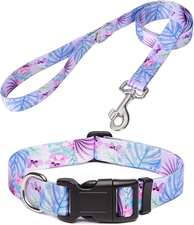 Mihqy Dog Collar and Leash Set with Bohemia Floral Tribal Geometric Patterns - Soft Ethnic Style Collar Adjustable for Small Medium Large Dogs(Purple Flower Flower Set,XS)
